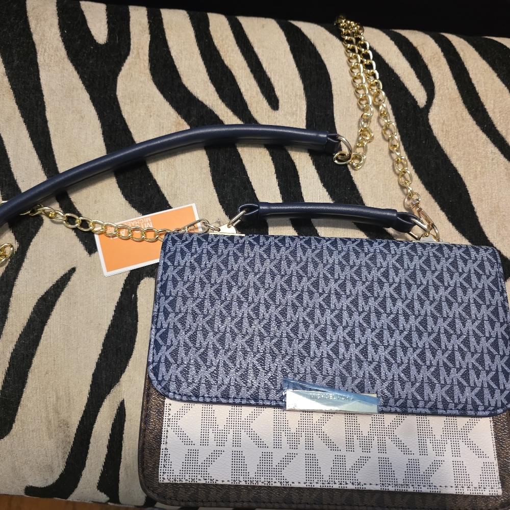 Michael Kors Navy Silver Crossbody Bag with Gold Chain and Matching Wallet